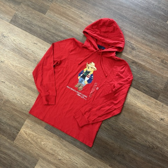 Polo Ralph Lauren Polo Cowboy Bear Hooded Long Sleeve T Shirt Small Flaw Tag Red - Picture 1 of 8
